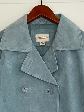 Vintage Monterey Bay Light Sky Blue Suede Double Breasted Peacoat Trench Coat